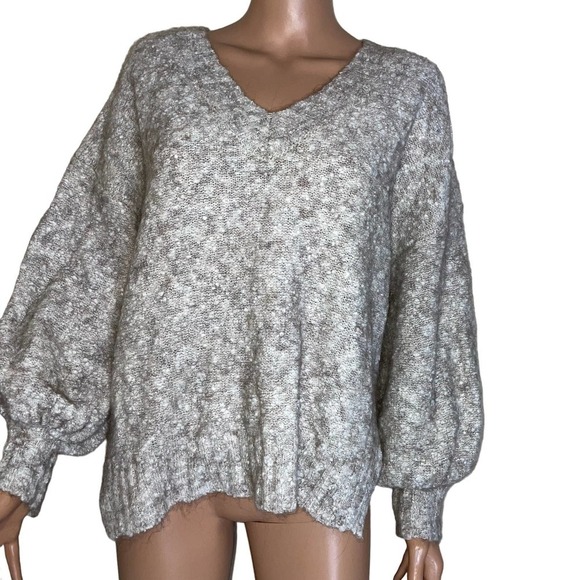 Sweater Wool Alpaca blend sweater Angie V-neck balloon sleeve tan/white SZ M - Picture 2 of 11